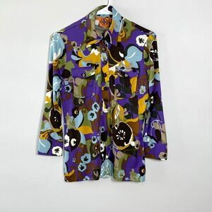 Tory Burch Popover Blouse Womens XS Colorful Silk Jersey Abstract Groovy Retro